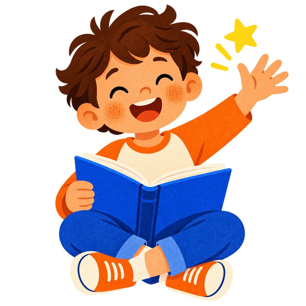 Мальчик читает книгу и машет рукой