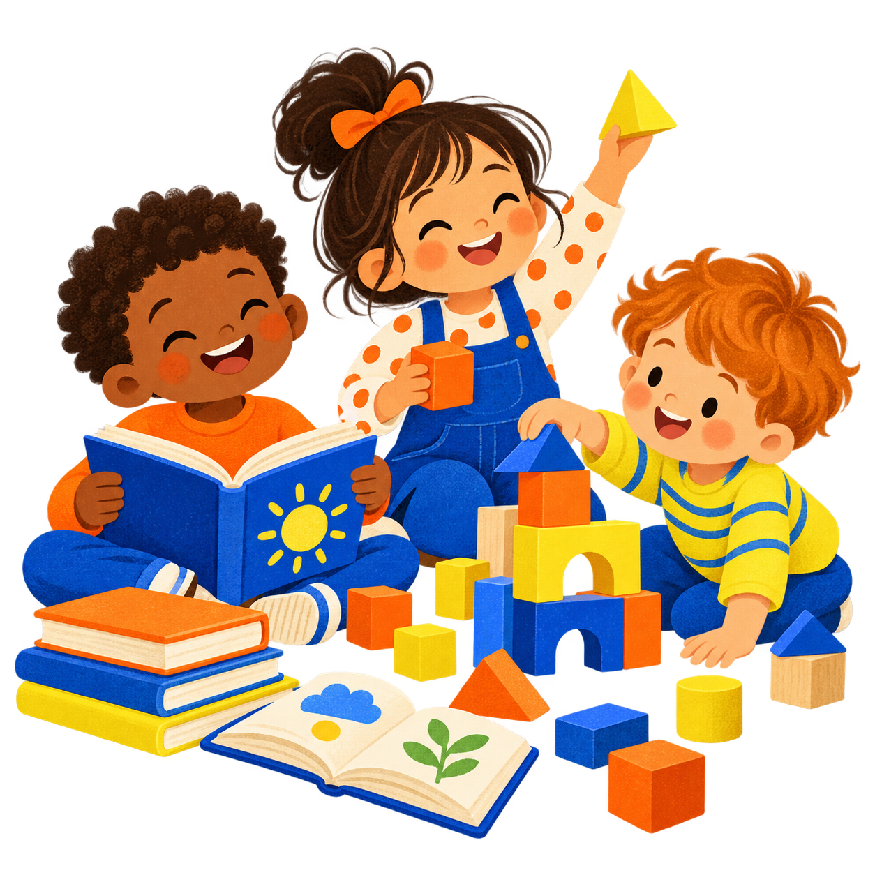 Дети играют и учатся с книгами и кубиками